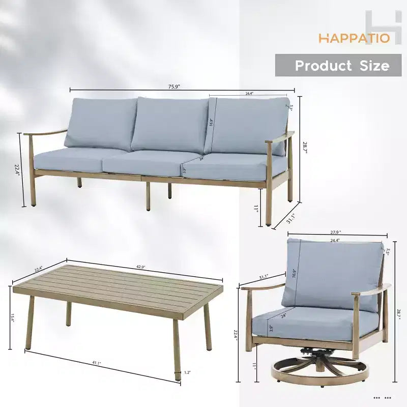 HAPPATIO Patio Outdoor Furniture Set,4 Piece Aluminum Patio Conversation Set with Coffee Table, Swivel Chairs and 3-Seat Sofa for Yard Deck Poolside