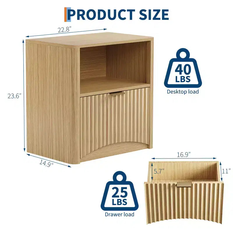 Nightstand Set of 2, 22.8 Wide Fluted Nightstand with Drawer and Storage, Mid Century Modern Nightstand, Fluted Nightstand for Bedroom Sofa Office
