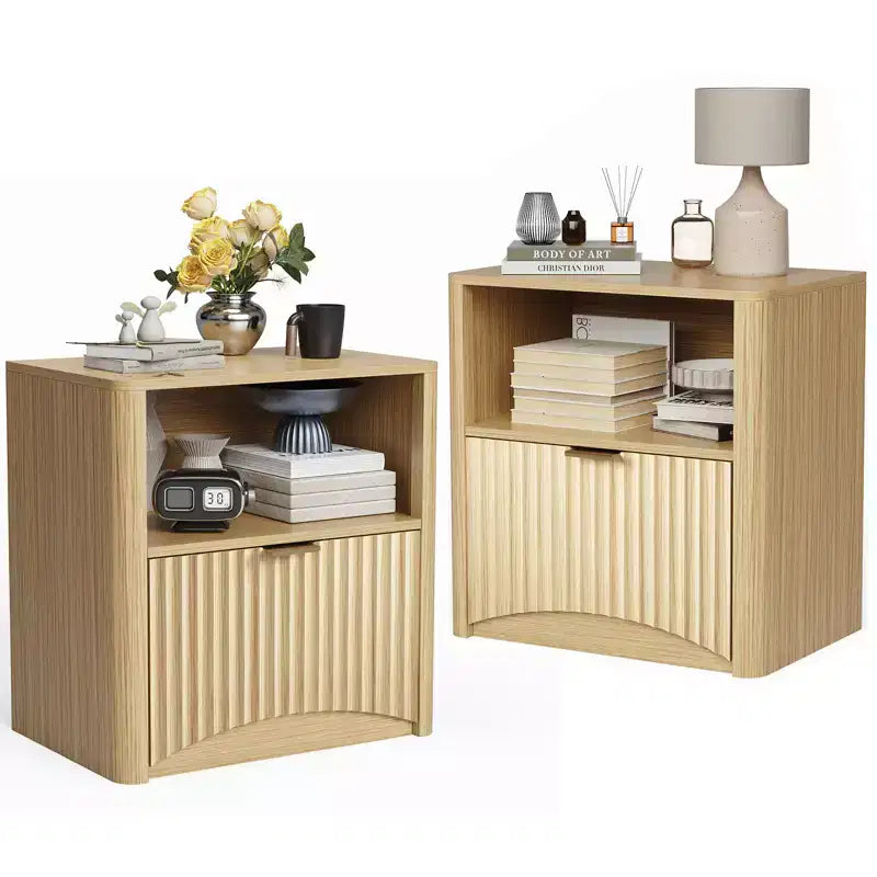Nightstand Set of 2, 22.8 Wide Fluted Nightstand with Drawer and Storage, Mid Century Modern Nightstand, Fluted Nightstand for Bedroom Sofa Office