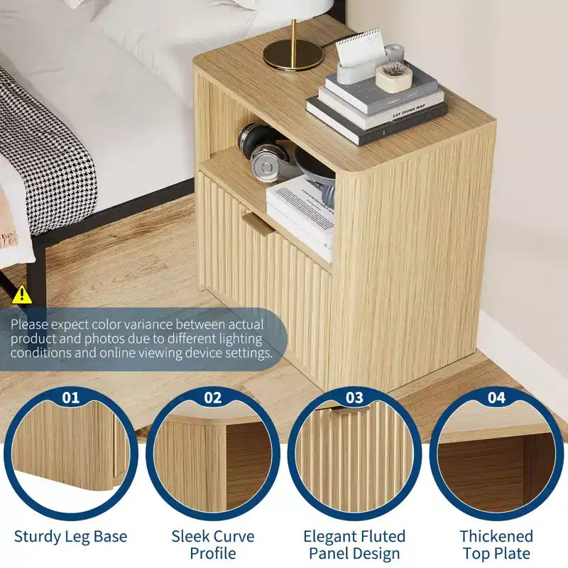 Nightstand Set of 2, 22.8 Wide Fluted Nightstand with Drawer and Storage, Mid Century Modern Nightstand, Fluted Nightstand for Bedroom Sofa Office