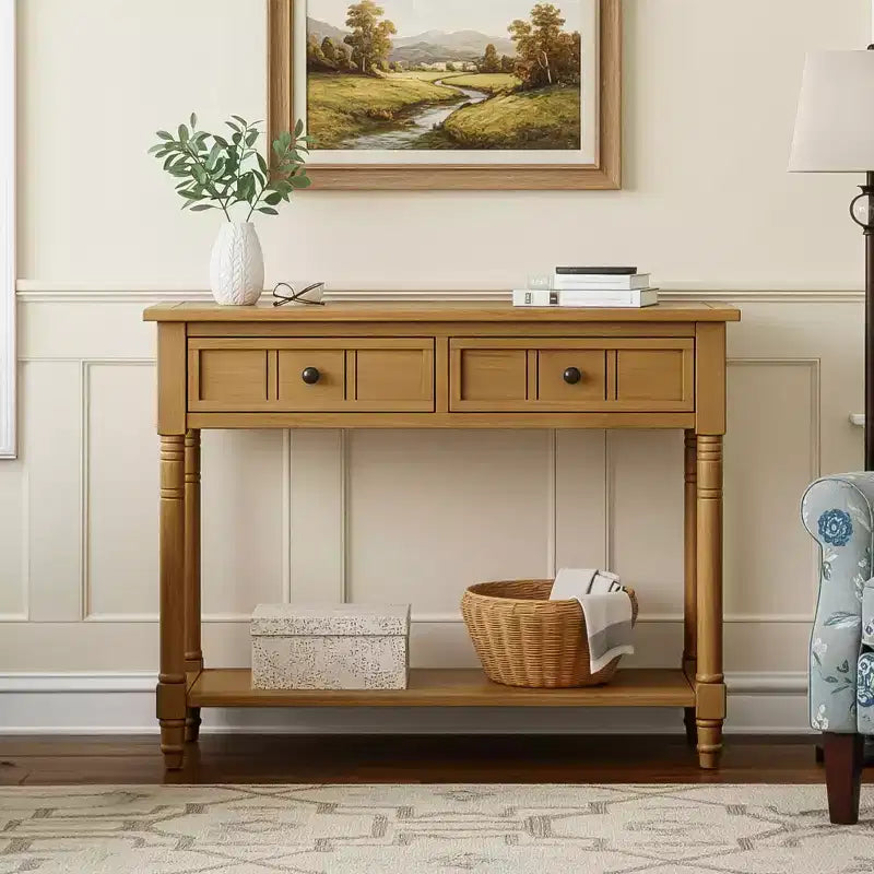Traditional Entryway Console Table with 2 Drawers and Bottom Shelf, Solid Pine Wood