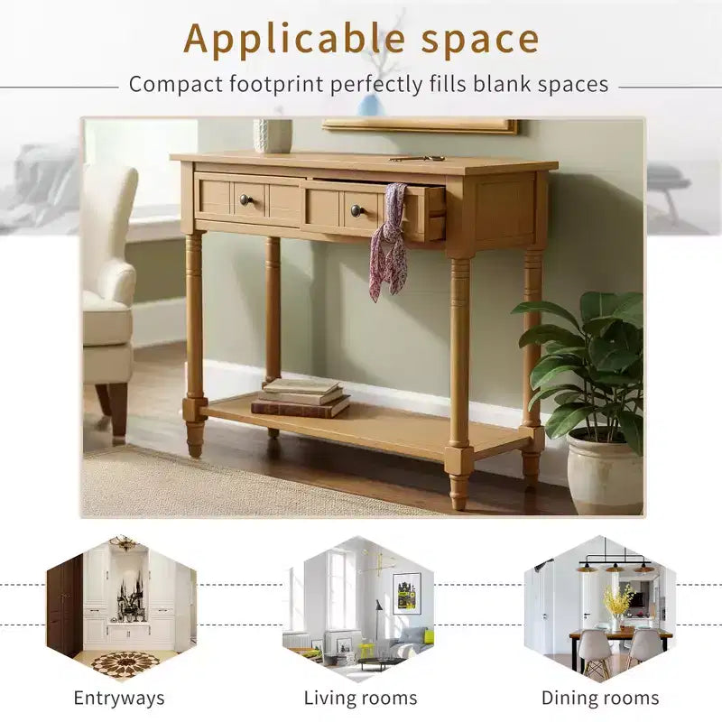 Traditional Entryway Console Table with 2 Drawers and Bottom Shelf, Solid Pine Wood