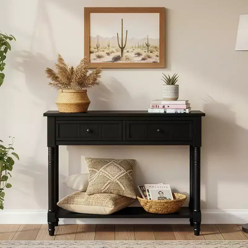 Traditional Entryway Console Table with 2 Drawers and Bottom Shelf, Solid Pine Wood
