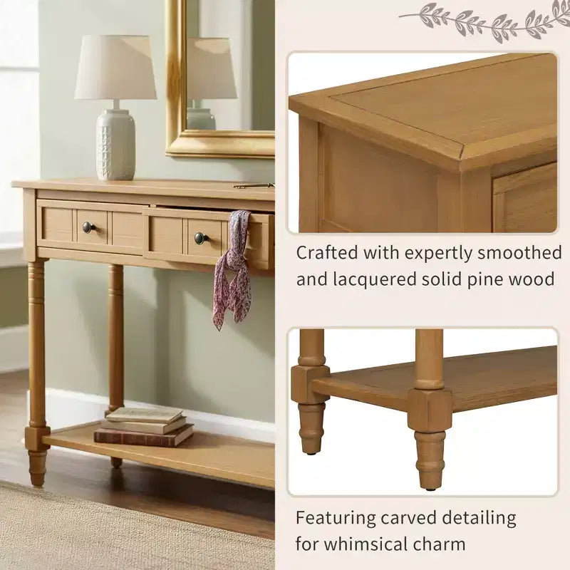 Traditional Entryway Console Table with 2 Drawers and Bottom Shelf, Solid Pine Wood