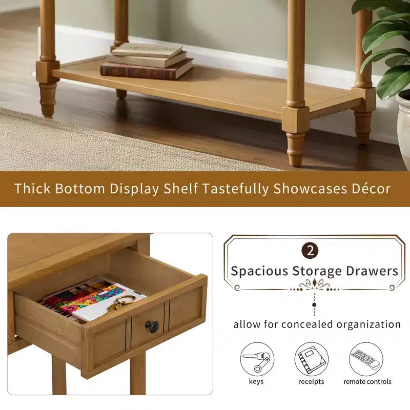 Traditional Entryway Console Table with 2 Drawers and Bottom Shelf, Solid Pine Wood