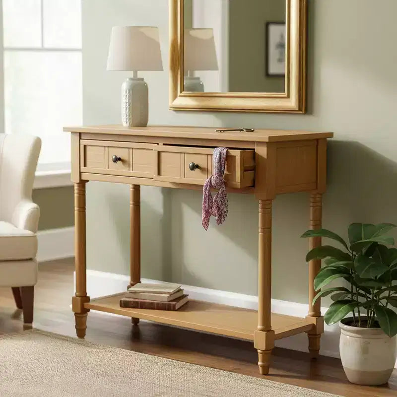 Traditional Entryway Console Table with 2 Drawers and Bottom Shelf, Solid Pine Wood