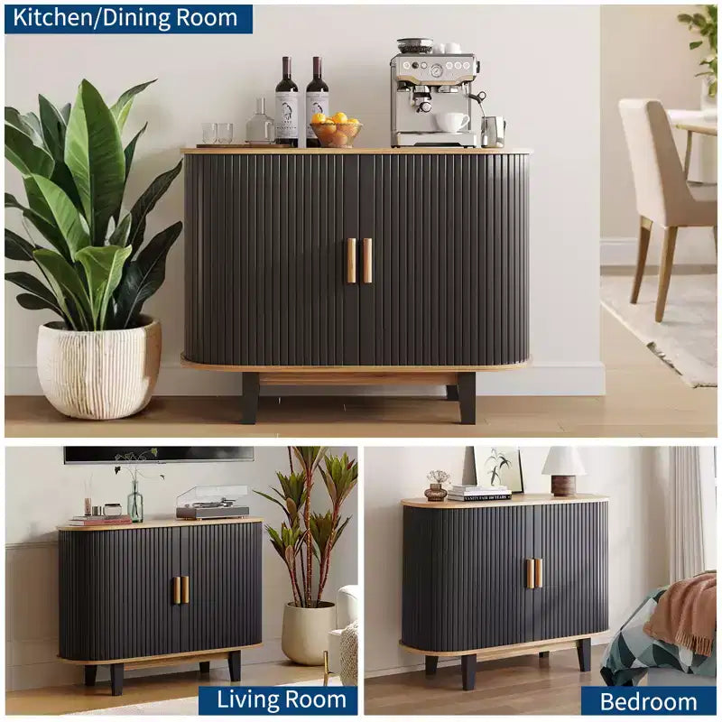 40" Fluted Sideboard Cabinet with Sliding Door and Adjustable Shelf, Black