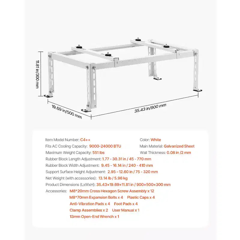 Adjustable Anti-Vibration Mini Split Ground Stand for 9000-24000 BTU Ductless AC Heat Pump, White
