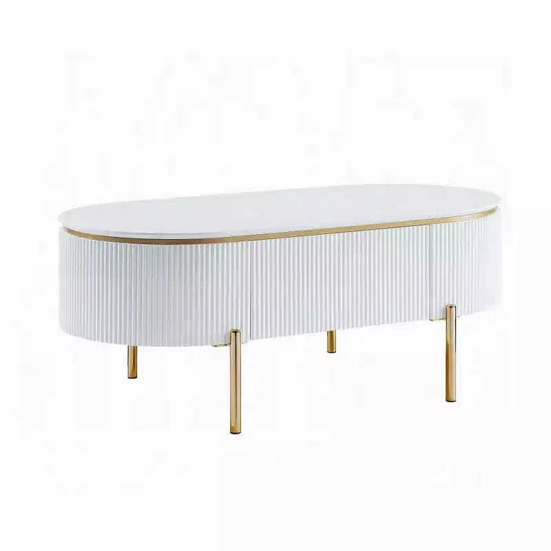 Oval Coffee Table with Drawer, 47", Glossy White with Gold Metal Legs