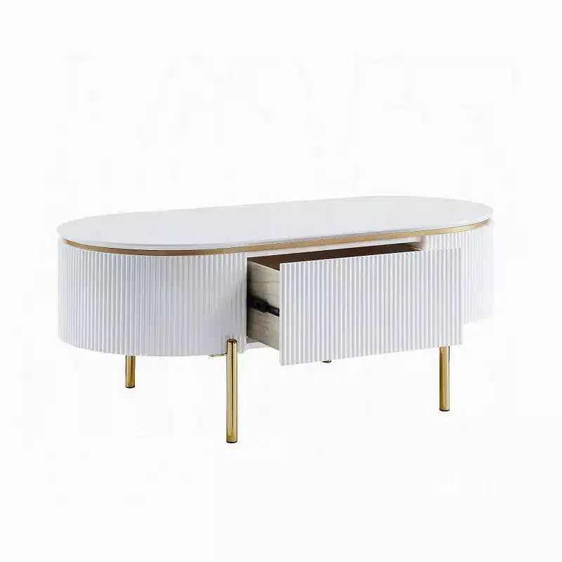 Oval Coffee Table with Drawer, 47", Glossy White with Gold Metal Legs