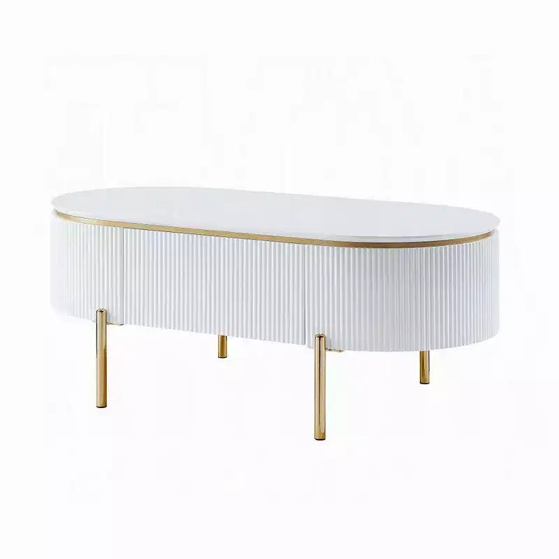 Oval Coffee Table with Drawer, 47", Glossy White with Gold Metal Legs