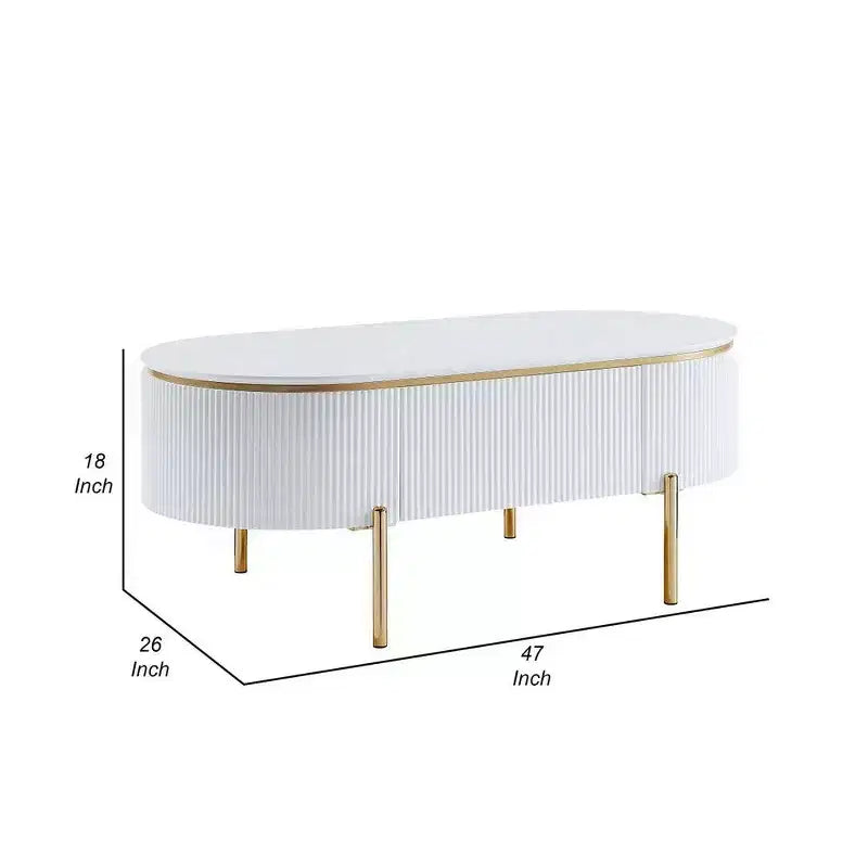 Oval Coffee Table with Drawer, 47", Glossy White with Gold Metal Legs