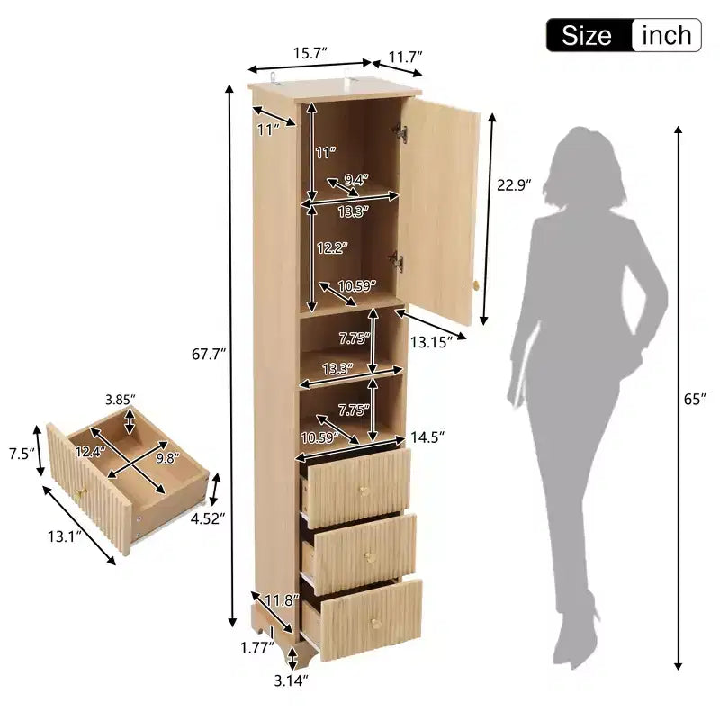 67.7" Tall Freestanding Bathroom Cabinet with Adjustable Shelf, Space-Saving Design