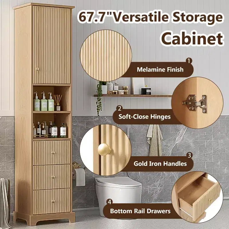 67.7" Tall Freestanding Bathroom Cabinet with Adjustable Shelf, Space-Saving Design