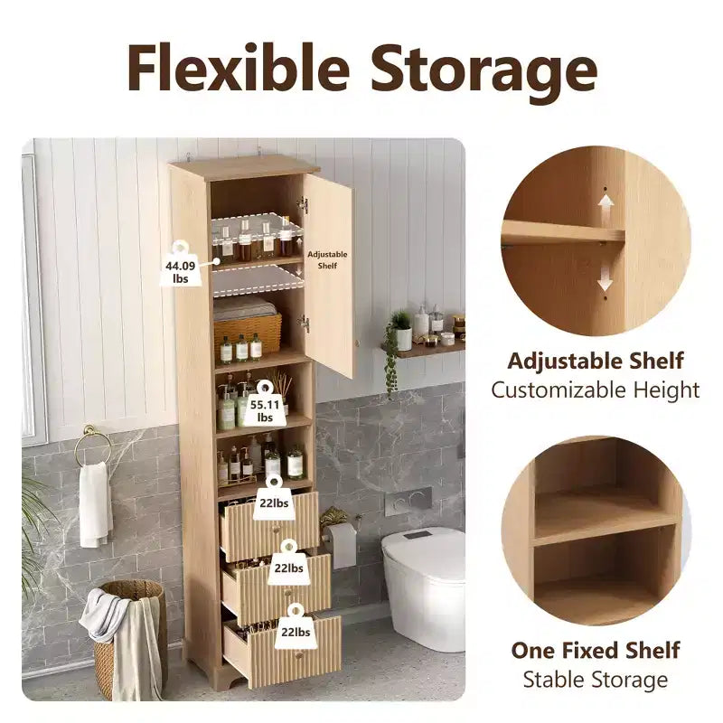 67.7" Tall Freestanding Bathroom Cabinet with Adjustable Shelf, Space-Saving Design