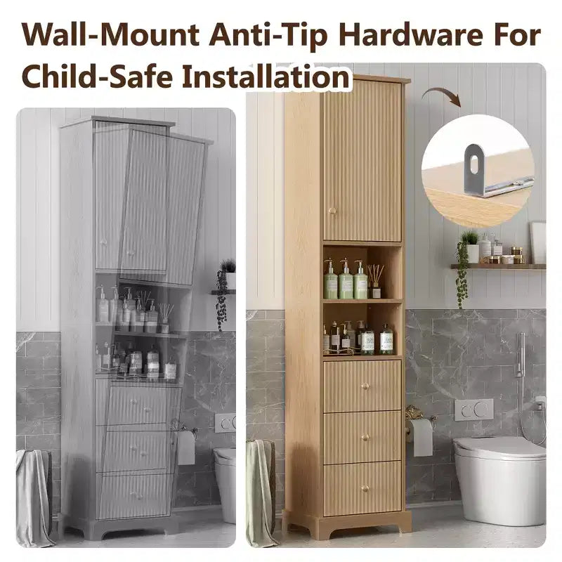 67.7" Tall Freestanding Bathroom Cabinet with Adjustable Shelf, Space-Saving Design