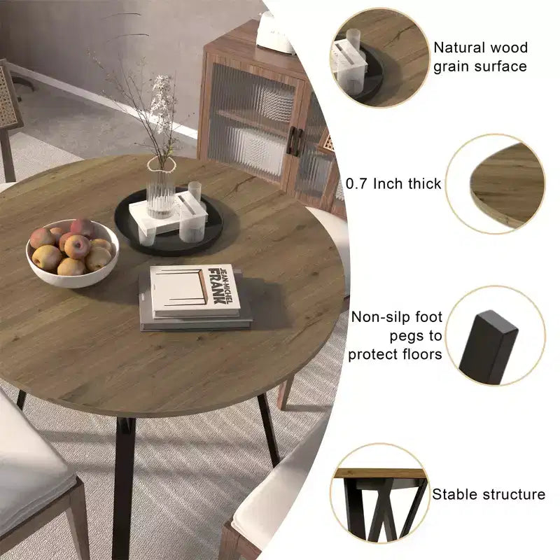 Farmhouse Round Dining Table for 2-4, Modern Wood Kitchen Table with Metal Legs for Dining Room, Living Room, or Office