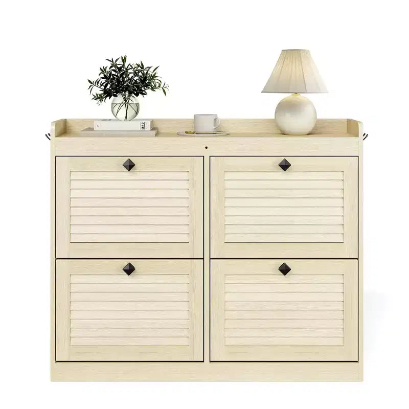 Large Shoe Storage Cabinet with 4 Flip Drawers, Hooks and Top Shelf - Hidden Shoe Organizer for Foyer, Hallway, Living Room