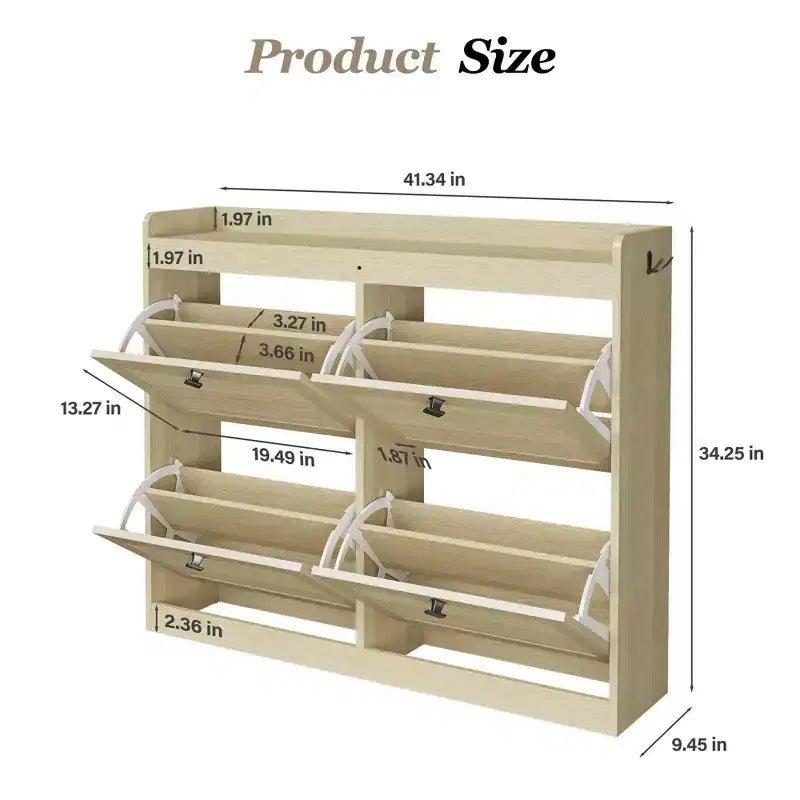 Large Shoe Storage Cabinet with 4 Flip Drawers, Hooks and Top Shelf - Hidden Shoe Organizer for Foyer, Hallway, Living Room