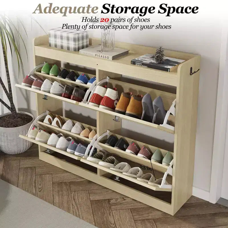 Large Shoe Storage Cabinet with 4 Flip Drawers, Hooks and Top Shelf - Hidden Shoe Organizer for Foyer, Hallway, Living Room