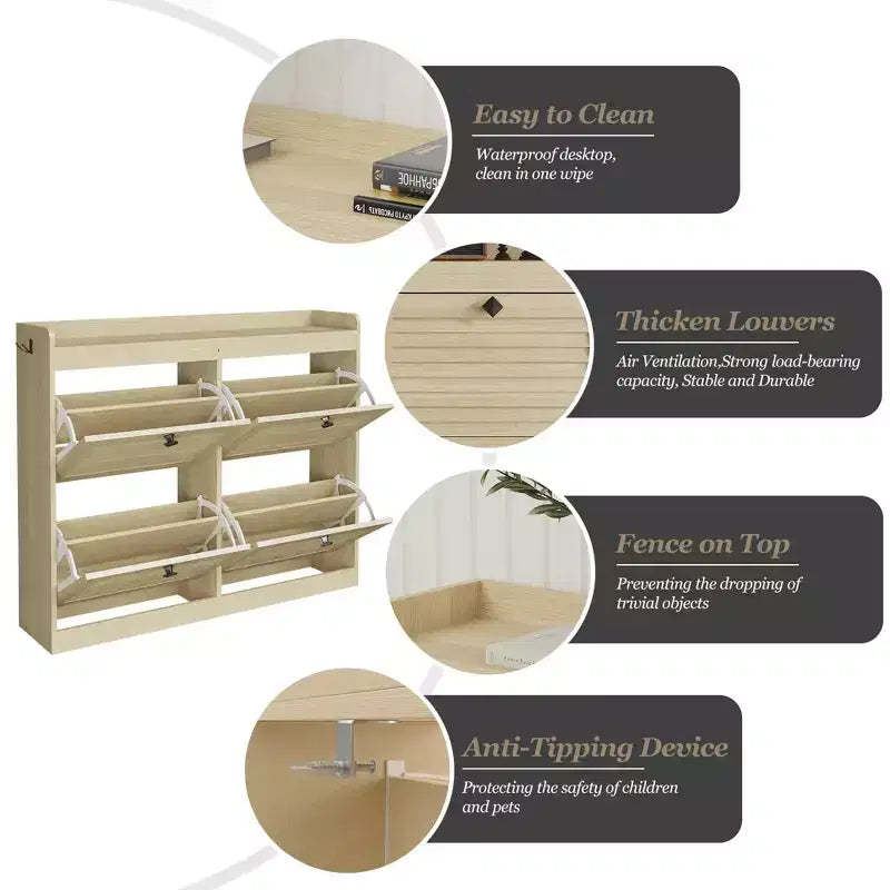 Large Shoe Storage Cabinet with 4 Flip Drawers, Hooks and Top Shelf - Hidden Shoe Organizer for Foyer, Hallway, Living Room