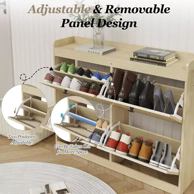 Large Shoe Storage Cabinet with 4 Flip Drawers, Hooks and Top Shelf - Hidden Shoe Organizer for Foyer, Hallway, Living Room