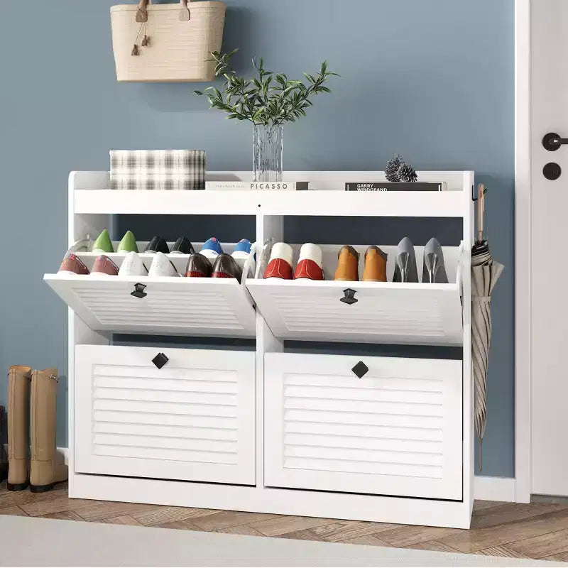 Large Shoe Storage Cabinet with 4 Flip Drawers, Hooks and Top Shelf - Hidden Shoe Organizer for Foyer, Hallway, Living Room