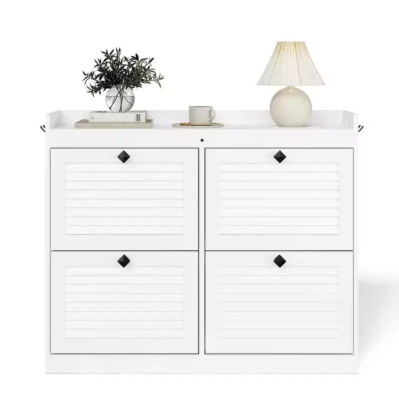 Large Shoe Storage Cabinet with 4 Flip Drawers, Hooks and Top Shelf - Hidden Shoe Organizer for Foyer, Hallway, Living Room