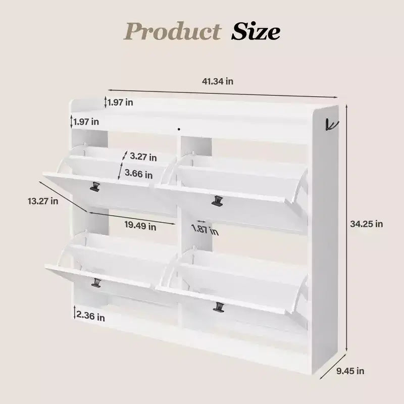 Large Shoe Storage Cabinet with 4 Flip Drawers, Hooks and Top Shelf - Hidden Shoe Organizer for Foyer, Hallway, Living Room