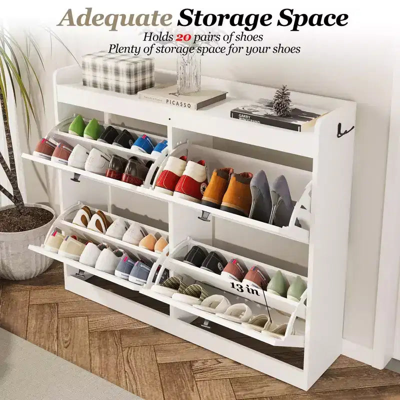 Large Shoe Storage Cabinet with 4 Flip Drawers, Hooks and Top Shelf - Hidden Shoe Organizer for Foyer, Hallway, Living Room