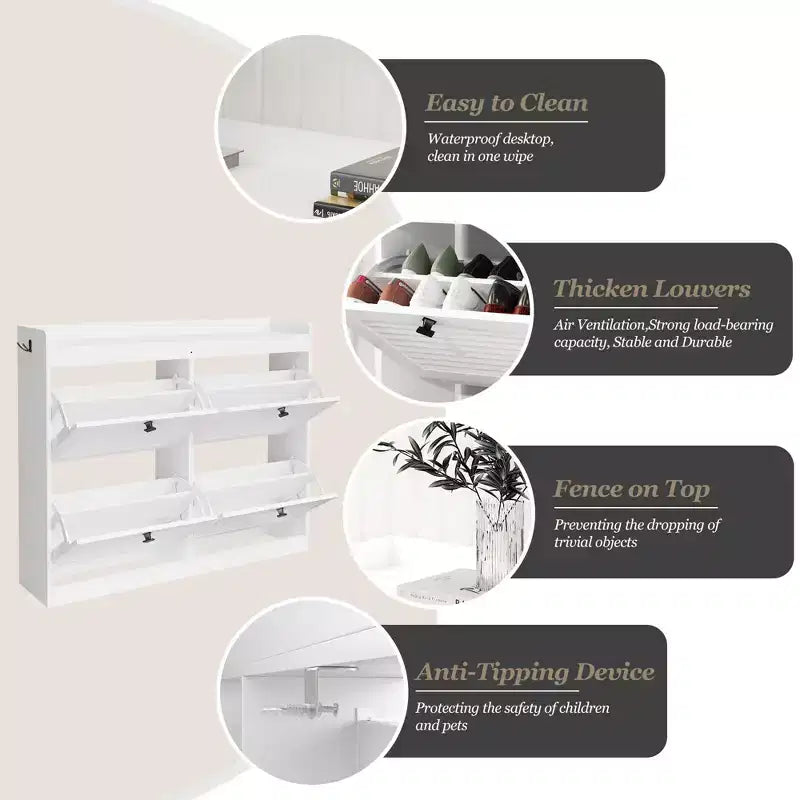 Large Shoe Storage Cabinet with 4 Flip Drawers, Hooks and Top Shelf - Hidden Shoe Organizer for Foyer, Hallway, Living Room
