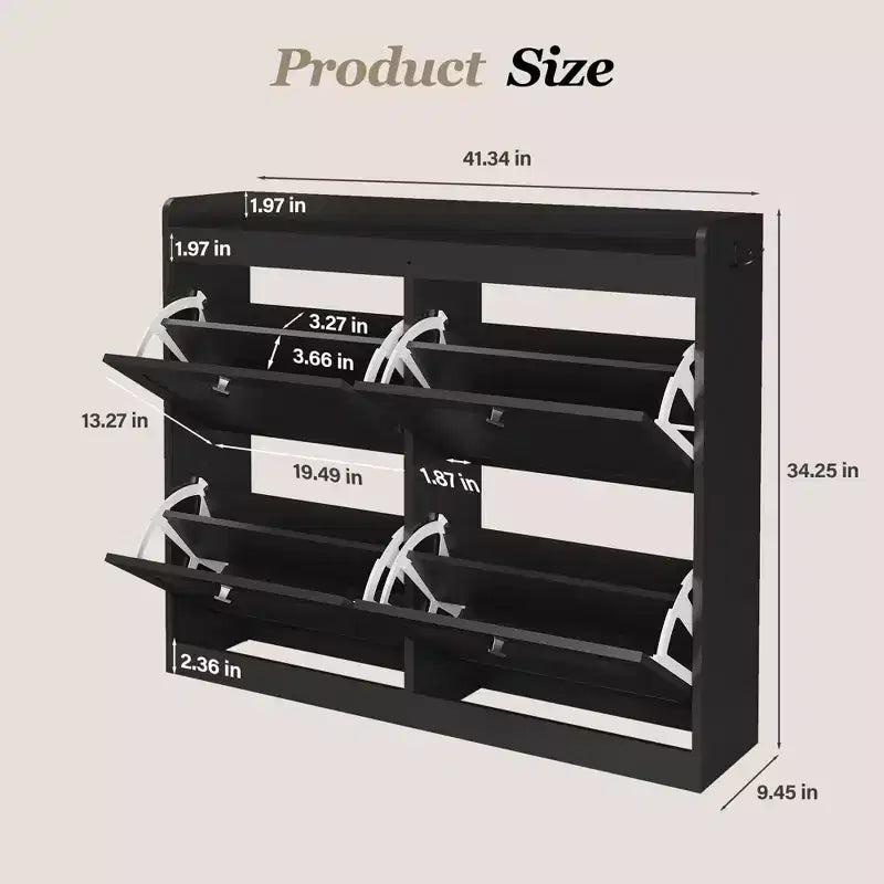 Large Shoe Storage Cabinet with 4 Flip Drawers, Hooks and Top Shelf - Hidden Shoe Organizer for Foyer, Hallway, Living Room