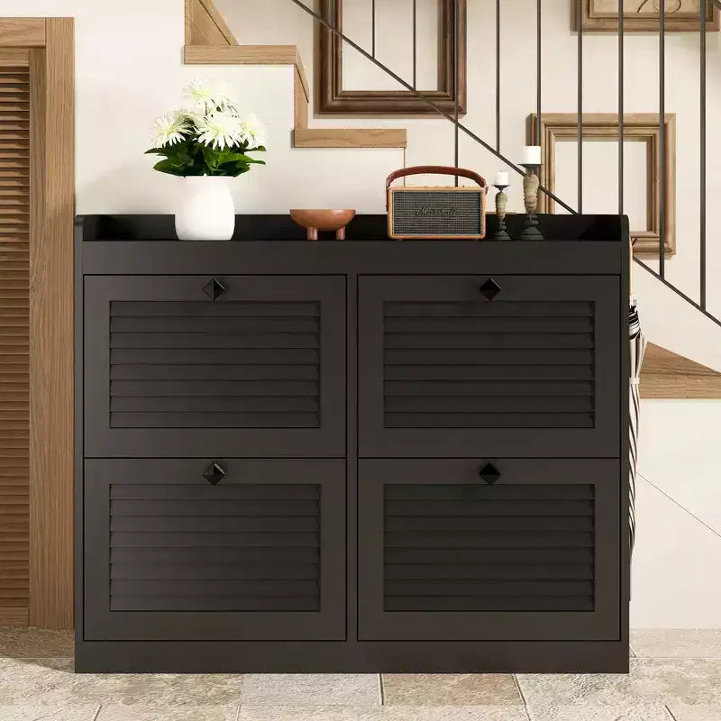 Large Shoe Storage Cabinet with 4 Flip Drawers, Hooks and Top Shelf - Hidden Shoe Organizer for Foyer, Hallway, Living Room