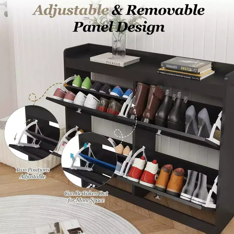 Large Shoe Storage Cabinet with 4 Flip Drawers, Hooks and Top Shelf - Hidden Shoe Organizer for Foyer, Hallway, Living Room