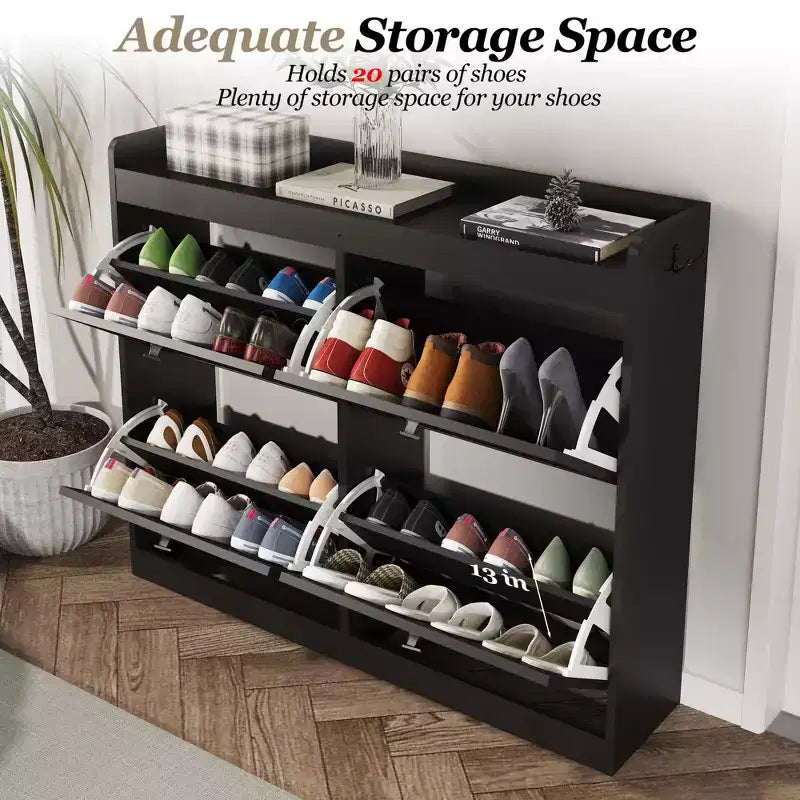 Large Shoe Storage Cabinet with 4 Flip Drawers, Hooks and Top Shelf - Hidden Shoe Organizer for Foyer, Hallway, Living Room