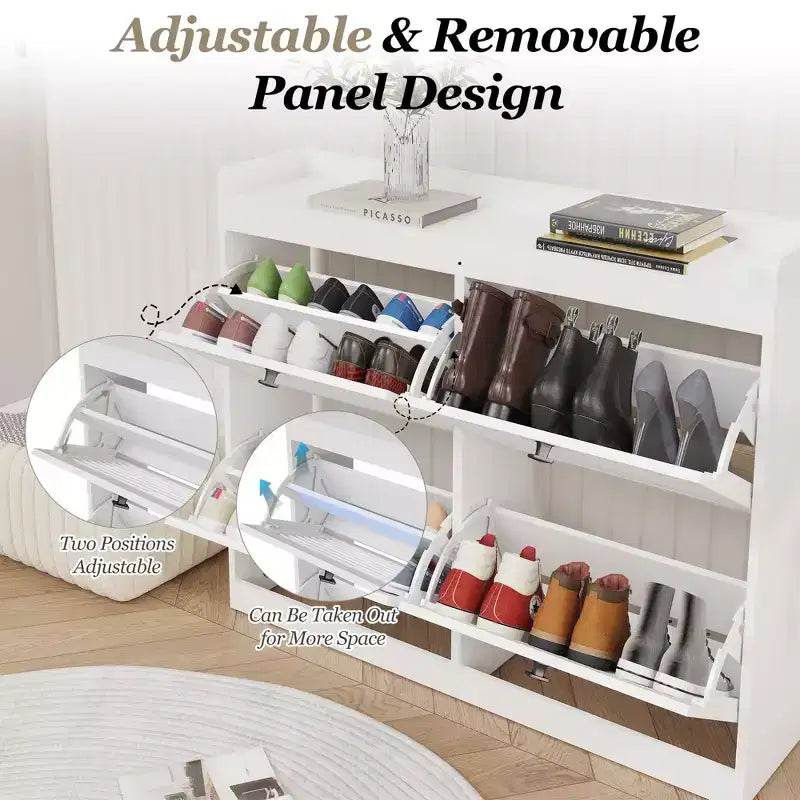Large Shoe Storage Cabinet with 4 Flip Drawers, Hooks and Top Shelf - Hidden Shoe Organizer for Foyer, Hallway, Living Room