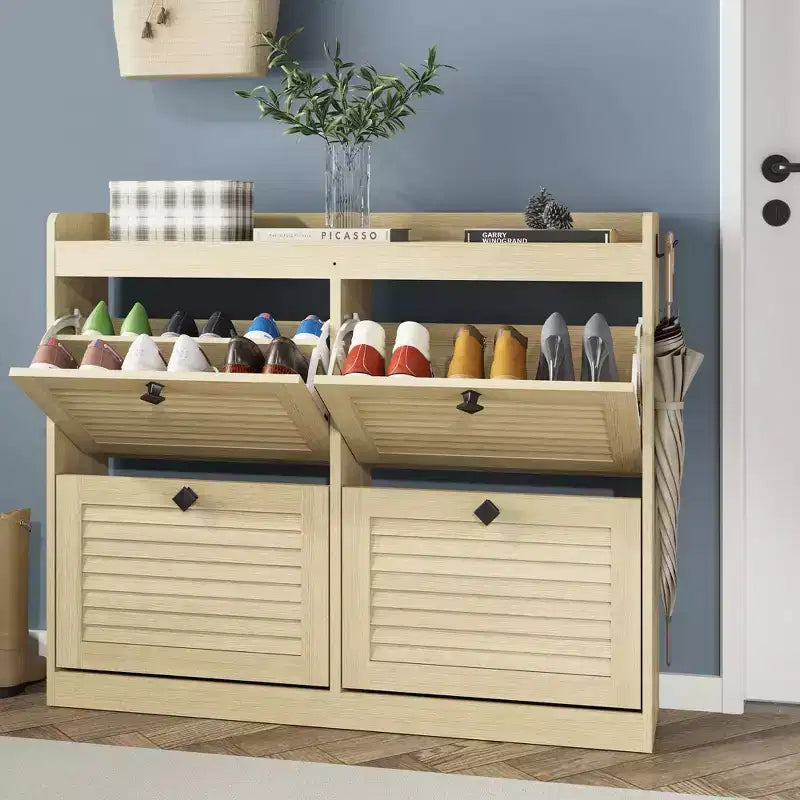 Large Shoe Storage Cabinet with 4 Flip Drawers, Hooks and Top Shelf - Hidden Shoe Organizer for Foyer, Hallway, Living Room