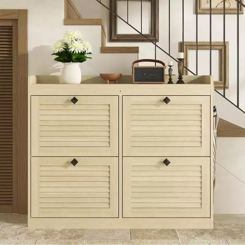 Large Shoe Storage Cabinet with 4 Flip Drawers, Hooks and Top Shelf - Hidden Shoe Organizer for Foyer, Hallway, Living Room
