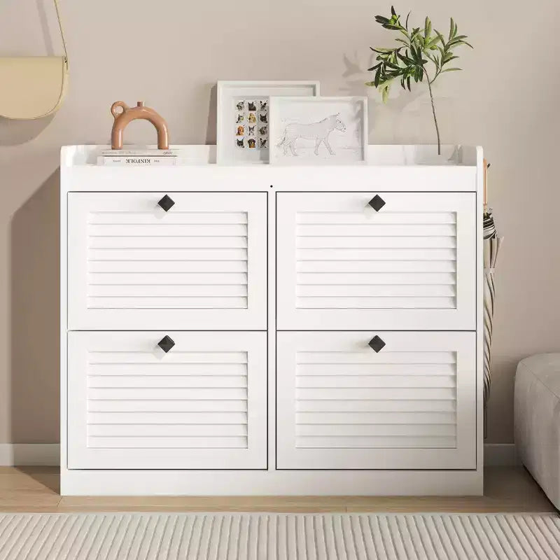 Large Shoe Storage Cabinet with 4 Flip Drawers, Hooks and Top Shelf - Hidden Shoe Organizer for Foyer, Hallway, Living Room