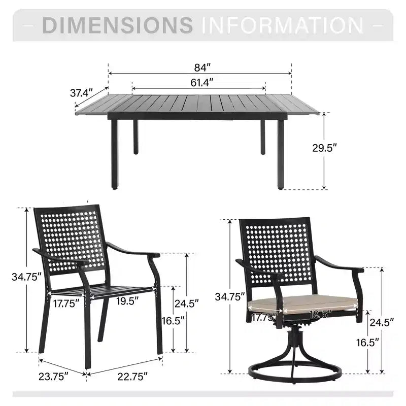 Captiva Designs 7-delad matgrupp för uteplatsen med utdragbart rektangulärt stålbord med ribbad skiva och eleganta metallstolar med ryggstöd