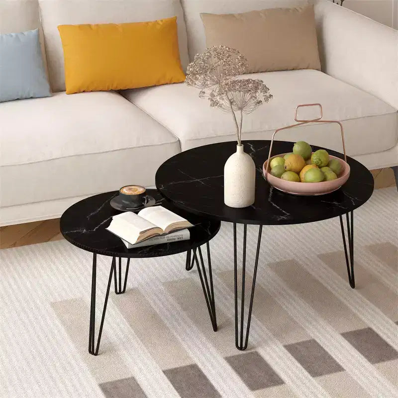 Modern Round Nested Side 2 Table Set, featuring a round marble-textured tabletop and a sturdy metal baseSuitable for living rooms and bedrooms