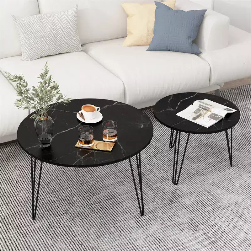 Modern Round Nested Side 2 Table Set, featuring a round marble-textured tabletop and a sturdy metal baseSuitable for living rooms and bedrooms