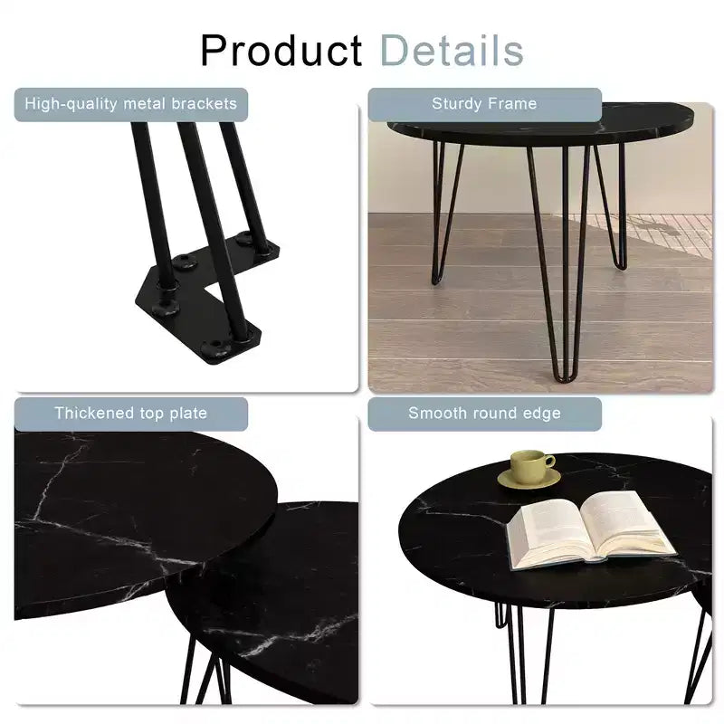 Modern Round Nested Side 2 Table Set, featuring a round marble-textured tabletop and a sturdy metal baseSuitable for living rooms and bedrooms