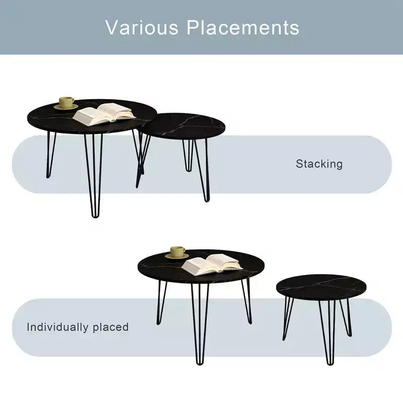 Modern Round Nested Side 2 Table Set, featuring a round marble-textured tabletop and a sturdy metal baseSuitable for living rooms and bedrooms