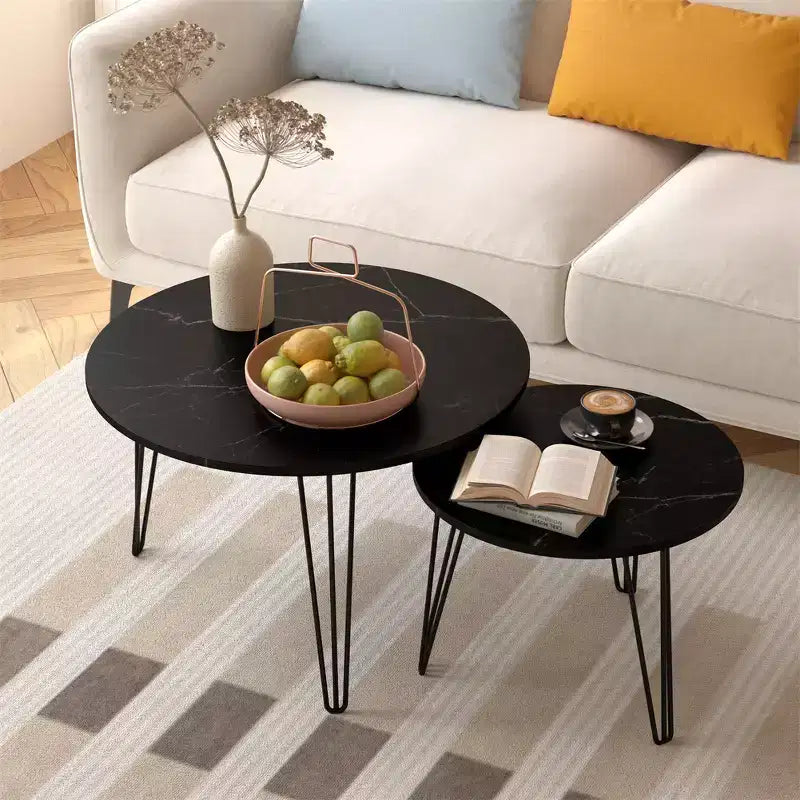 Modern Round Nested Side 2 Table Set, featuring a round marble-textured tabletop and a sturdy metal baseSuitable for living rooms and bedrooms