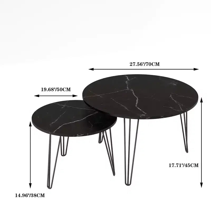 Modern Round Nested Side 2 Table Set, featuring a round marble-textured tabletop and a sturdy metal baseSuitable for living rooms and bedrooms