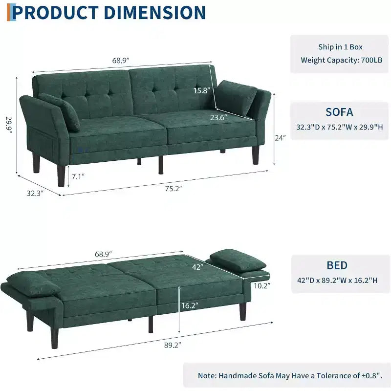 89 Futon Sofa Bed, Modern Sleeper Sofa with Adjustable Backrest & Armrest, Convertible Futon Couch Bed with 2 Pillows for Home Office