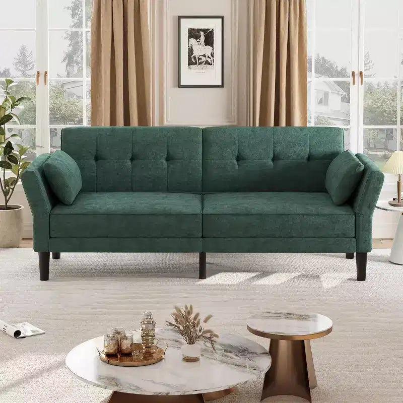 89 Futon Sofa Bed, Modern Sleeper Sofa with Adjustable Backrest & Armrest, Convertible Futon Couch Bed with 2 Pillows for Home Office