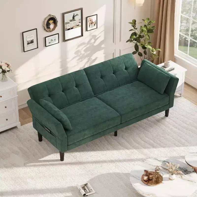 89 Futon Sofa Bed, Modern Sleeper Sofa with Adjustable Backrest & Armrest, Convertible Futon Couch Bed with 2 Pillows for Home Office