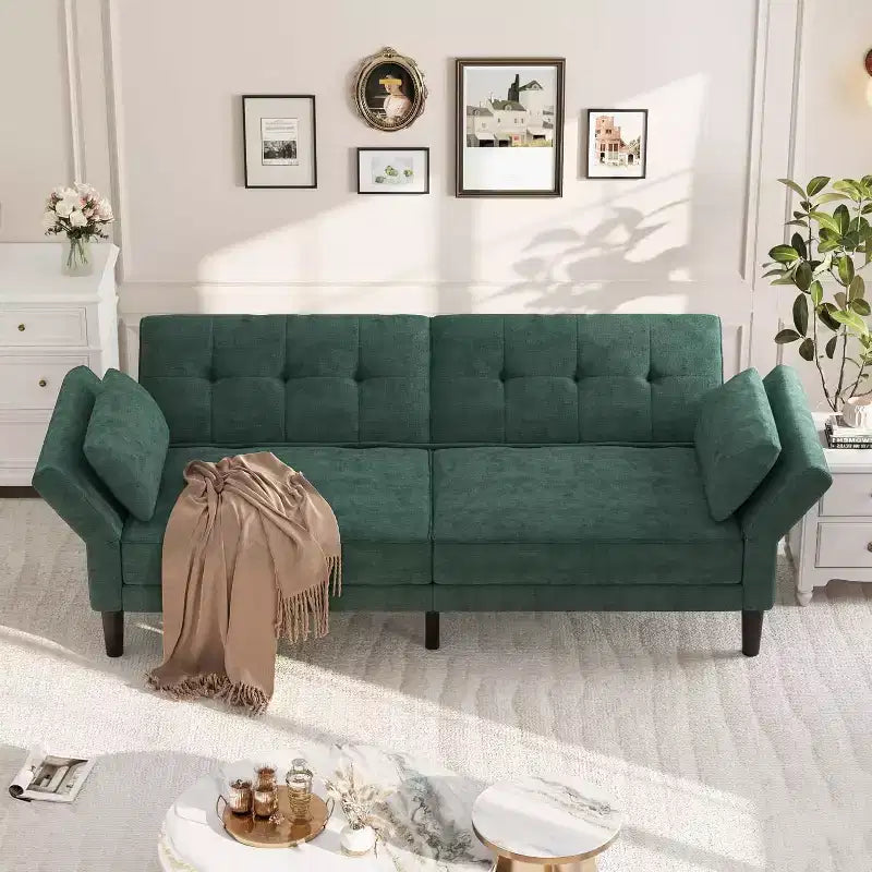 89 Futon Sofa Bed, Modern Sleeper Sofa with Adjustable Backrest & Armrest, Convertible Futon Couch Bed with 2 Pillows for Home Office